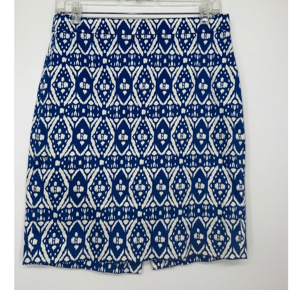 J.Crew The Pencil Skirt Blue White Ikat Diamond Print Cotton Stretch Size 4